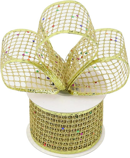 MEEDEE Gold Glitter Ribbon Gold Christmas Ribbon 2.5 Inch Square Mesh Net Wired Ribbon with Rainbow Sparkle Gold Wired Ribbon Gold Ribbon for Christmas Tree Decoration, Wreath Bow Making (10 Yards)