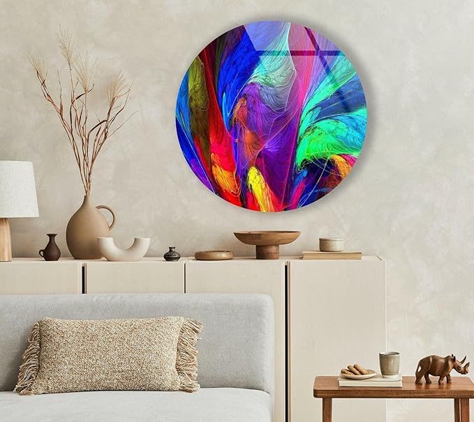My Photostation.com 10''(25cm) Diameter Neon Colors Abstract Round Glass Wall Art Tempered Glass Printing Wall Decor Large Wall Art Wall Hangings