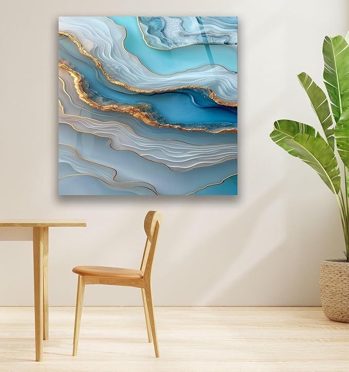My Photostation.com 32Wx48H'' Turquoise and Blue Alcohol ink Glass Wall Art Tempered Glass Printing Wall Decor Large Wall Art Wall Hangings