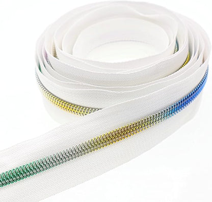 Leekayer #5 Rainbow Teeh Metallic Nylon Coil Zippers by The Yard Bulk 10 Yards White Zipper Tape with 25pcs Silver Ring Pull Sliders for DIY Sewing Tailor Craft Bag(White)