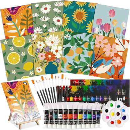 Cholemy 36 Pcs Paint and Sip Kit for Adults 8''x10'' Pre Drawn Canvas for Painting DIY Afro Acrylic Painting Kit Wood Easel Brushes Date Night Bulk for Christmas Party Gifts(Flowering)