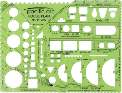 Pacific Arc House Plans Templates Guide, with Stairs, Doors, Plumbing, Kitchen Appliances, and Roof Pitch Gauge, Scale of 1/4 Inch to 1 Foot