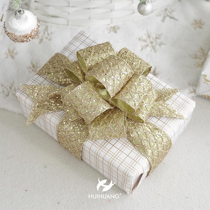 HUIHUANG Champagne Gold Christmas Ribbon 4 inch Glitter Wired Ribbon Diamond Mesh Wire Ribbon for X-mas Tree Decorations, Wreaths, Garland, Large Bows Making, Wedding Decor -10 Yards