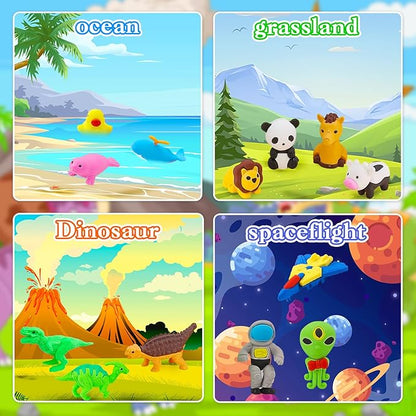 130Pcs Animal Erasers Kids Desk Pets Pencil Erasers 3D Puzzle Bulk Mini Animal Food Eraser Toys Fun Cute Eraser for Classroom Rewards, Game Prizes, Treasure Box, Easter Egg Fillers