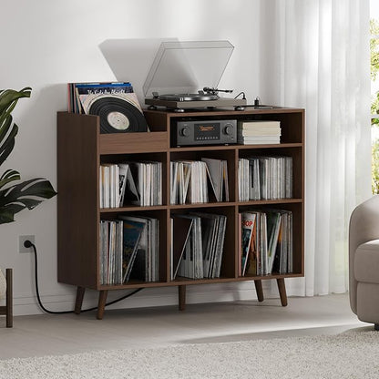 Cozy Castle Large Record Player Stand, Vinyl Storage Cabinet Mid Century Modern Turntable Stand Media Console Table Open Shelf Cube CD Album Holder Organizer for Living Room, Office, Brown