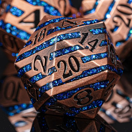 Metallic Glitter Stripes D&D Dice Set,7 PCS Polyhedral Dice Set with Gift Metal Box for Dungeons and Dragons,DND Metal Dice for Tabletop Game (Antique Copper Blue)