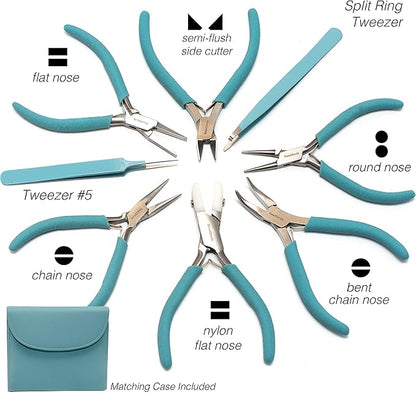 The Beadsmith Fashion Color Pliers – Set of 8 Slimline Color-Coordinated Tools – Matching Clutch in Light Blue – Jewelry Making Supply Kit to Create Necklaces, Bracelets, Earrings & More