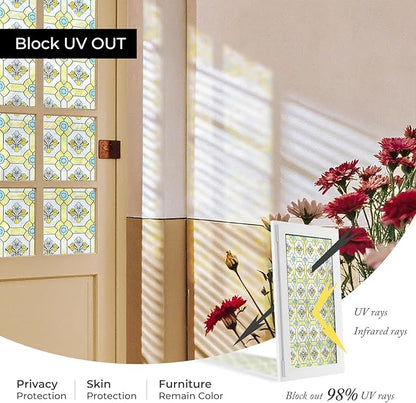 3D Stained Glass Window Film, Decorative Window Privacy Film for Bathroom,Front Door,Home, Sun Blocking Heat Control,Static Cling,23.6inch x 35.4inch Gilt Glazed Flowers