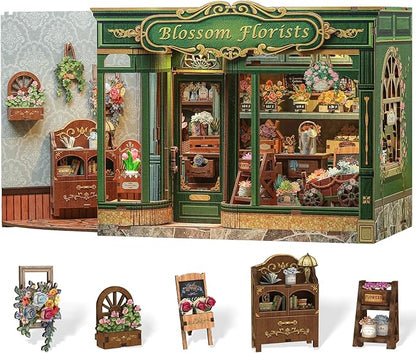 Cutefun Book Nook Kit - DIY Miniature House Dollhouse Kit, Book Nook Kits for Adults, Bookshelf Insert Bookend with LED Light for Teens and Adults (Blossom Florists)