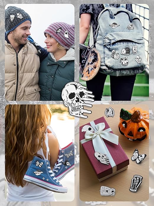 Ferraycle 30 Pieces Halloween Enamel Pins Set Horror Enamel Pins for Backpacks Cool Skeleton Ghost Butterfly Cat Lapel Pin Steampunk Brooches Pin for Hats Clothes Women Men