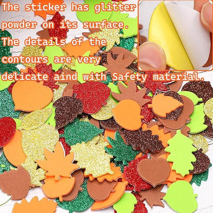 300Pcs Fall Foam Leaf Stickers, Autumn Glitter Maple Leaves Self Adhesive Foam Stickers Thanksgiving Party Favors DIY Crafts Decorations
