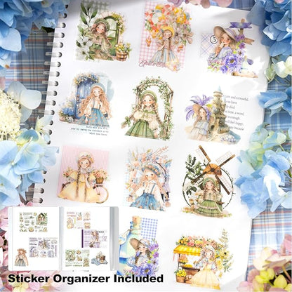 4Pcs Girl Pre-Cut Sticker Books, PET and Washi Designs for Scrapbooking, Journaling Supplies, Junk Journal Ephemera, Includes Organizer