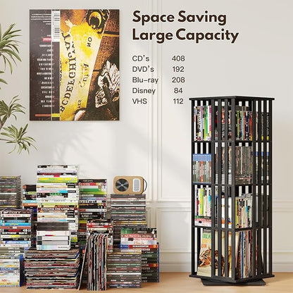 XIMN 360° Rotating Bamboo CD/DVD Shelf - 6-Tier Space-Saving Media Storage Cabinet for Movies, Organizer with Super Compact Design (Black, 4 Tier)