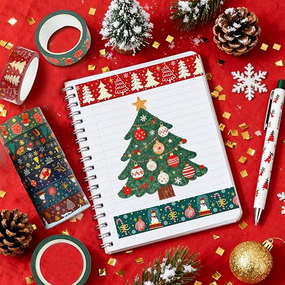 12 Rolls Christmas Washi Tapes Christmas Tree Snowman Snowflakes Gingerbread Man Masking Tape Red Green Gold Foil Xmas Decorative Tape for Xmas Scrapbook Journal Gift Wrapping DIY Crafts 16.4FT