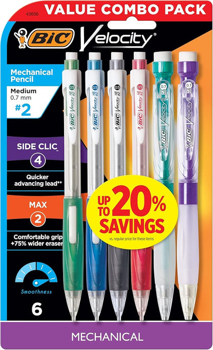 BIC Velocity Mechanical Pencils, With Colorful Barrel, Medium Point (0.7mm), 6-Count Pack Mechanical Pencils With Eraser and Lead Refills