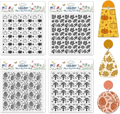 CHGCRAFT 4Pcs Pumpkin Maple Leaf Polymer Clay Texture Sheet Pinecone and Mushroom Autumn Silicone Clay Texture Mat for Polymer Clay Making Earrings Jewelry DIY Crafts 5.5 × 5.5 Inch
