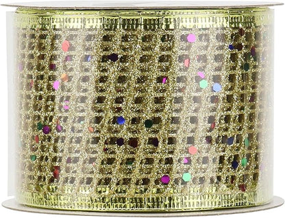 MEEDEE Gold Glitter Ribbon Gold Christmas Ribbon 2.5 Inch Square Mesh Net Wired Ribbon with Rainbow Sparkle Gold Wired Ribbon Gold Ribbon for Christmas Tree Decoration, Wreath Bow Making (10 Yards)