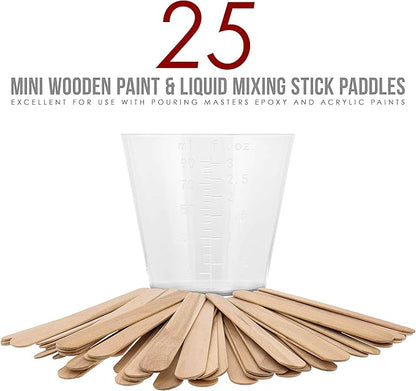 Pouring Masters 3 Oz (90 ml) Liquid Measuring Cups - Plastic Graduated Cup (100 Pack) with 25 Sticks - Reusable Mixing Cups for Paint, Craft, Kitchen, Lab, Medical Supplies, Epoxy Resin, Art