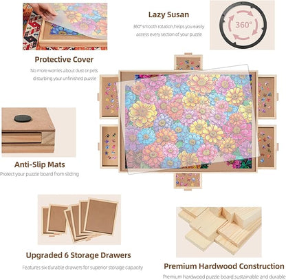 1500 Pieces Rotating Puzzle Board with 6 Drawers, Lazy Susan & Transparent Cover, 34.2"x25.2" Portable Wooden Jigsaw Puzzle Board, Great Gift for Puzzle Enthusiasts