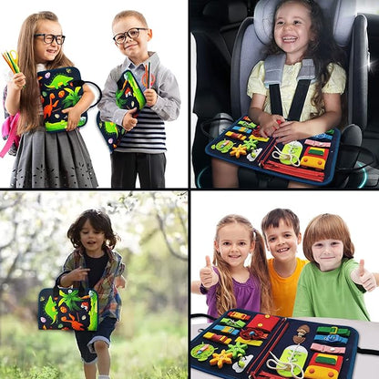 Busy Board - Dinosaur Montessori Toys for 3 4 5 Year Old - Sensory Toys for Autistic Children - Toddler Travel Toys - Busy Book for Toddlers Activities as Boys Girls Gift