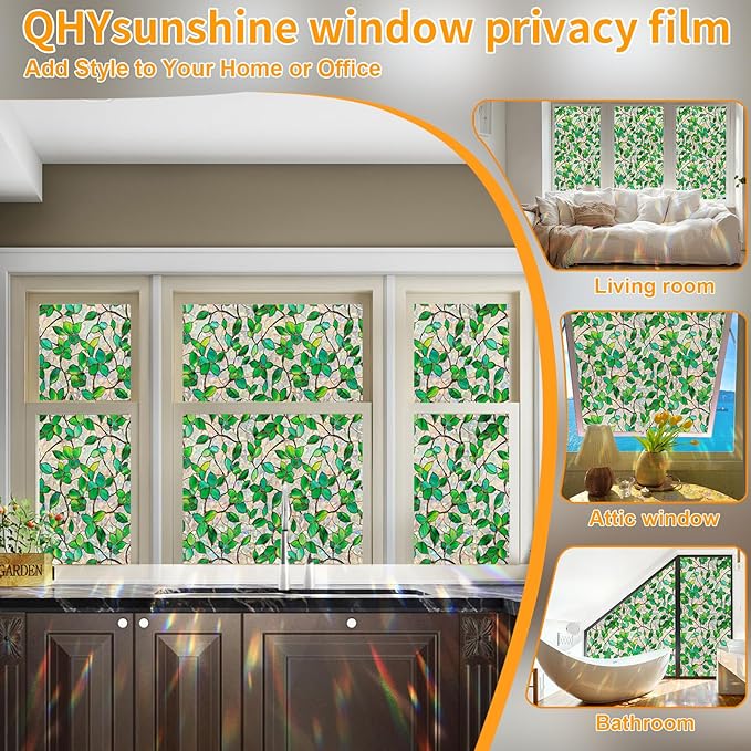 Window Privacy Film Stain Glass Window Film Rainbow Window Film Window clings Non-Adhesive Reusable Decorative for Room (Green Rainbow, 45.2 X 157.4 in)