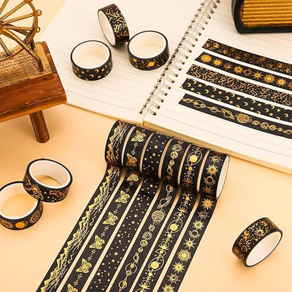 Whaline 12 Rolls Gold Foil Galaxy Washi Tape Black Gold Sun Moon Star Masking Tape Set Decorative Wrapping Paper Tapes for Scrapbook Journal DIY Art Crafts
