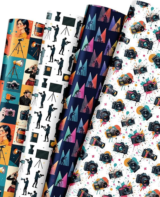 Pineraap 12 Sheets Photographer Wrapping Paper, Photography Gift Wrap Paper with Equipment, Camera, Photos & Scenes, Folded Flat Art Paper for Birthday DIY Crafts, 19.7 x 27.6 Inch (B)