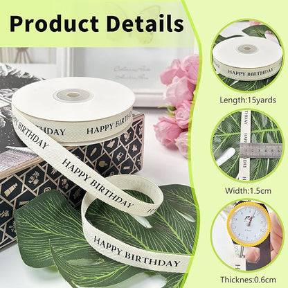 Cotton Herringbone Ribbon - Natural Twill Tape for Custom Gift Wrapping & DIY Crafts-5/8 Inch x 15 Yards - Happy Birthday Printed Phrase