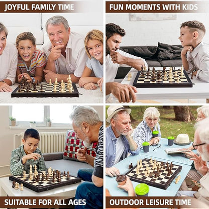 Magnetic Wooden Chess Set for Adults Kids,15" Folding Chess Board with Wood Texture 2 Extra Queens - Handmade Pieces Travel Board Games for Professional Beginner