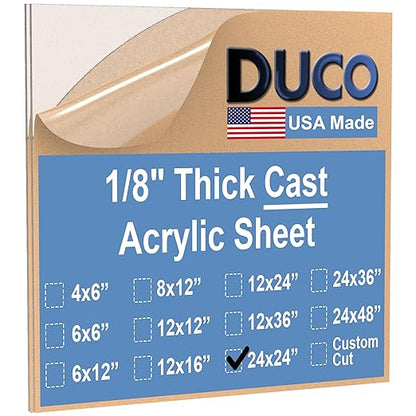 Duco USA-Made Clear Cast Acrylic Sheet 1/8 Inch Thick 24" x 24" - 2 Pack of Transparent Plexiglass Sheet - Lightweight Acrylic Board for Window Replacements, Displays, Signs, and More