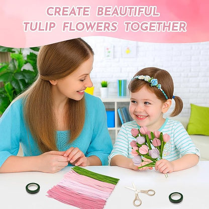 400 PCS Pipe Cleaners Craft Bulk,4 Assorted Colors Chenille Stems for DIY Flower Making Kit with Floral Wire, Gardening Tape, Stamen & Ribbon, Pipe Cleaners Flowers, Arts and Craft Supplies for Kids