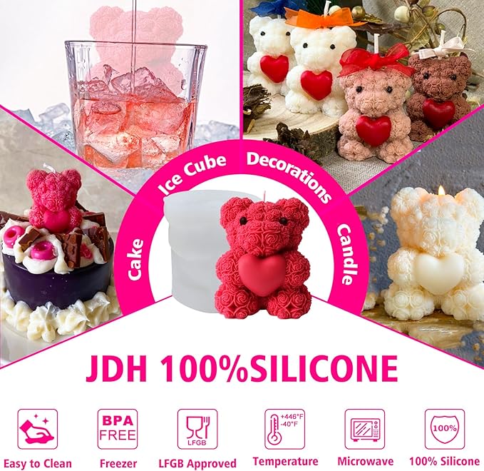 Large Rose Bear Silicone Mold - 3D Teddy Bear Candle Making Molds, Cute Epoxy Resin Molds for DIY Handmade Soaps,Mother's Day Gifts, Valentine Gifts, Birthday Gifts, Home Decor Crafts