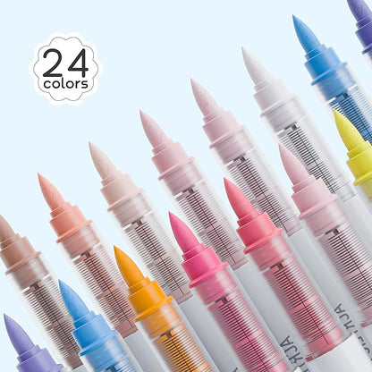 24 Colors Acrylic Paint Markers Pens Set, Soft Brush Tip Markers with Fast Drying & No-Bleed Ink, Acrylic Paint Pens for Rock, Wood, Egg, Ceramic, Fabric Painting, Art Supplies and DIY Crafts