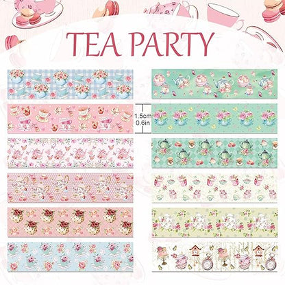 12 Rolls Tea Party Washi Tape, Afternoon Tea Decorative Tape for Scrapbooking, Bullet Journals, Planners, Party Decorations, DIY Crafts, Gift Wrapping, 16.4FT