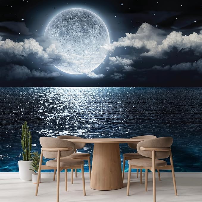 wall26 Wall Sticker/Wall Mural Sea Under Moonlight, Not Peel and Stick, Non-Woven Wallpaper Decorative for Bedroom, Living Room, Office - 100x144 inches