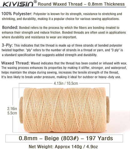 Bonded 0.8mm Round Waxed Polyester Cord, 3-ply Wax Coated Thread, 197 Yards Stiff String for Heavy Duty Fabric, Leather Sewing, Book Binding, Upholstery Repair, and Macrame Jewelry - Beige
