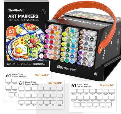 Shuttle Art 61 Colors Alcohol Markers, 60 Colors Dual Tip Art Marker Set Plus 1 Colorless Blender with Marker Case Perfect for Illustration Students Adult Coloring Sketching