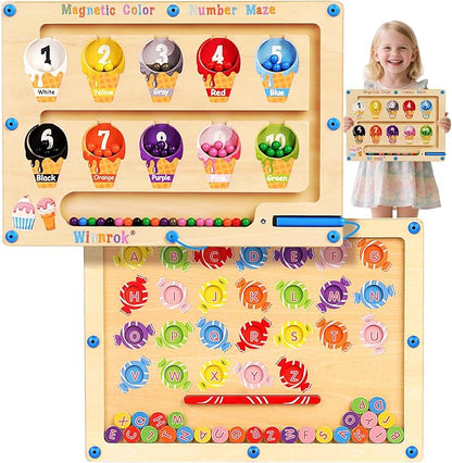 2 in 1 Double Side Magnetic Color and Number Maze, Montessori Magnetic Alphabet Maze Board Toys 3-5 Years Old, Wood Magnet Puzzle Learning Counting Matching Toys for 3 4 5 Todders Kids Girls Boys