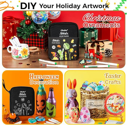 Ohuhu Acrylic Paint Markers Direct Liquid: 48 Pack Flexible Brush Tip Acrylic Markers High Opacity Paint Pens Waterproof Lightfast for Rock Painting Easter Eggs Wood Glass Ceramic Canvas - Nahuku
