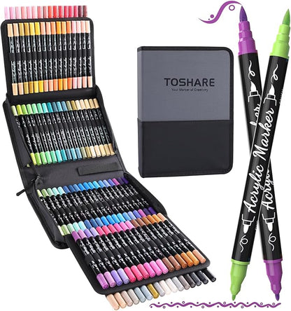 TOSAHRE Acrylic Paint Pens Markers 100 Colors Waterproof Dual Tip Acrylic Markers Set with Brush & Fine Tip Coloring Pens for Rock Painting Wood Scrapbook Fabric Glass Ceramic DIY Craft Art Supplies