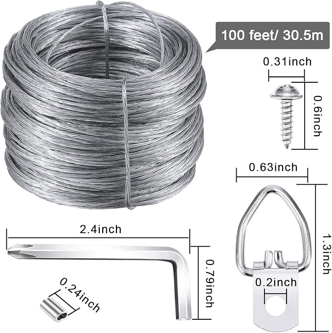 Picture Hanging Kit, Listenman D Ring Picture Hangers with Screws, Picture Hanging Wire(100 Feet) and Aluminum Sleeves, Supports up to 30 lb, Included Screwdriver