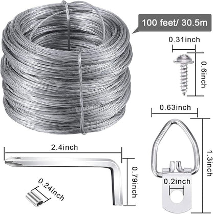 Picture Hanging Kit, Listenman D Ring Picture Hangers with Screws, Picture Hanging Wire(100 Feet) and Aluminum Sleeves, Supports up to 30 lb, Included Screwdriver