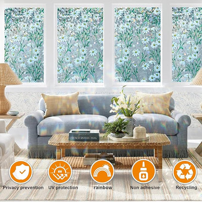 Window Privacy Film Stain Glass Window Film Rainbow Window Film Window clings Non-Adhesive Reusable Decorative for Room (Daisy Rainbow, 45.2 x 157.4 in)