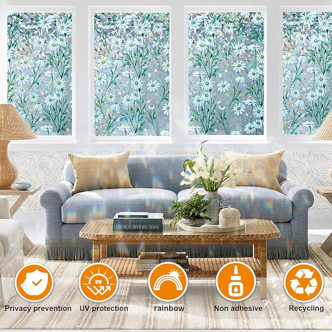 Window Privacy Film Stain Glass Window Film Rainbow Window Film Window clings Non-Adhesive Reusable Decorative for Room (Daisy Rainbow, 17.5 x 78.7 in)
