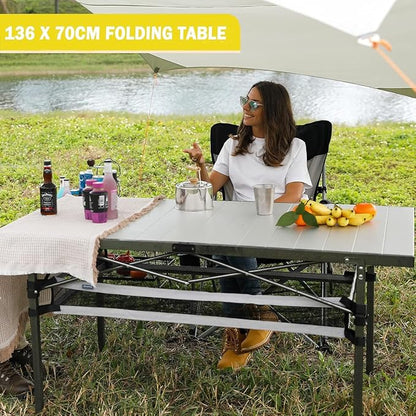 KingCamp Folding Camping Table, Portable Camp Table Foldable Aluminum Roll Up Seamless Desktop with Storage and Tall Legs for Outdoor Backyard Picnic