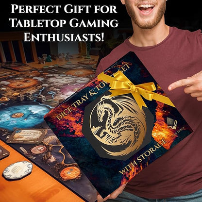 Dice Tray and Dice Tower for DND: All-in-One Tray, Storage & Large Tower for Random Rolls - Stores Your Sets, Mini's etc, Perfect for D&D and RPG Gift Accessories (Gold Dragon)