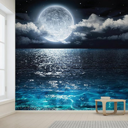 wall26 Wall Sticker/Wall Mural Sea Under Moonlight, Not Peel and Stick, Non-Woven Wallpaper Decorative for Bedroom, Living Room, Office - 100x144 inches