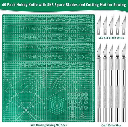 5 Pack Self Healing Cutting Mats and Exacto Knife Set, Sewing Mats with Precision Cutters and Extra 50Pcs SK5 Steel Blade 12" x 18" Work Mat for Crafts, Scrapbooking and Quilting