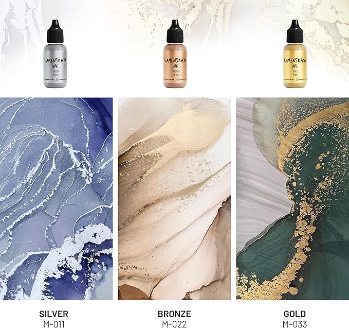 Metallic Alcohol Ink Set - Silver, Bronze, Gold Alcohol Ink - 3 pcs 0.51 fl oz (15 ml) Each