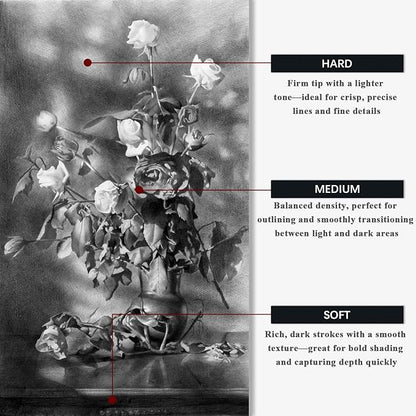 Compressed Charcoal Sticks Set of 12 – Soft, Medium, Hard Charcoal for Drawing, Sketching & Shading – Art Supplies for Artists, Beginners & Adults